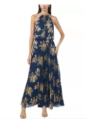 NWT MSK Navy Gold Metallic Floral Halter Maxi Dress Size 12 Formal Evening
